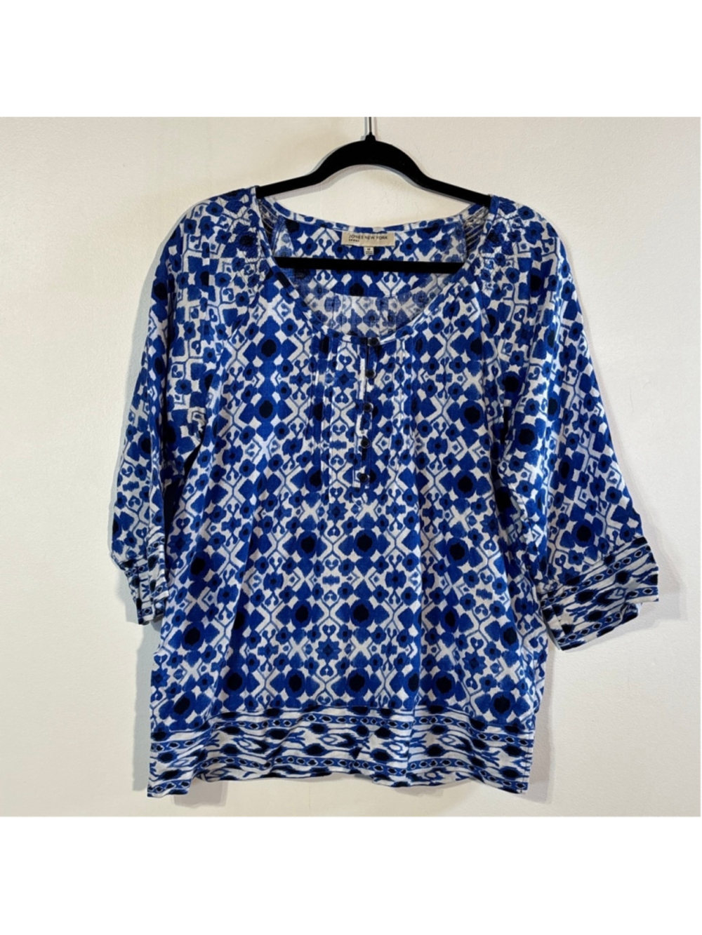 Jones New York Blue White Linen Tunic Top Women's Medium Diamond Stars Blouse